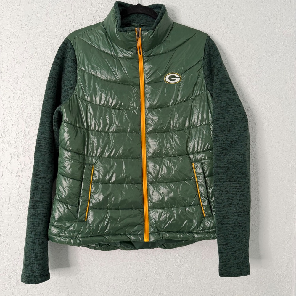 NFL Green Bay Packers Womens Large Green Hybrid Puffer Knit Sleeve Jacket Zip Up